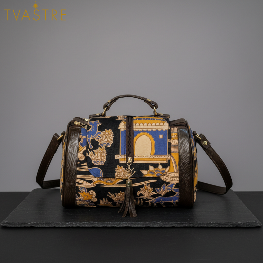 Designer handbag with intricate patterns on a gray background