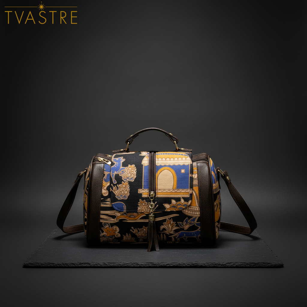 Decorative handbag with intricate designs on a dark background, featuring the brand 'TVASTRE'.