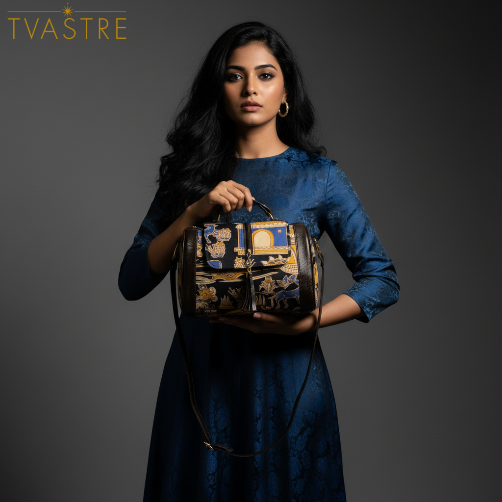 Woman holding a decorative bag against a dark background with 'TVASTRE' branding.
