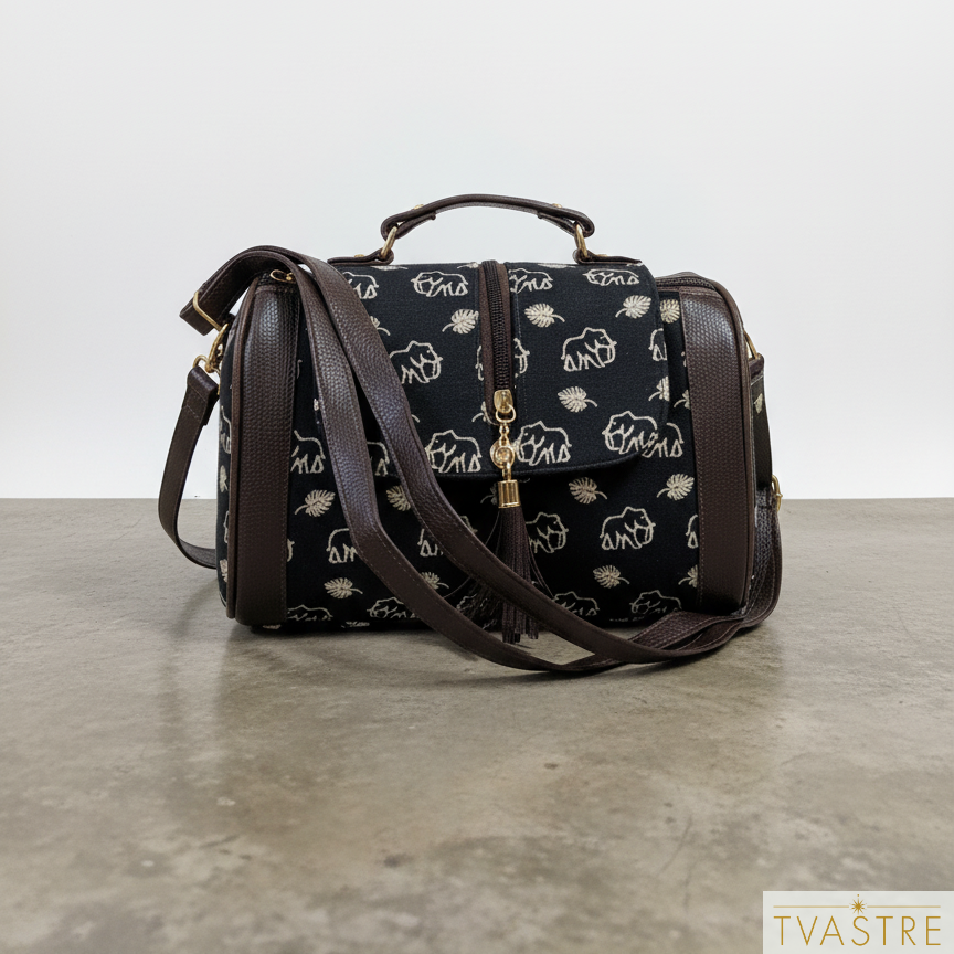 Black bag with white patterns on a gray surface and white background