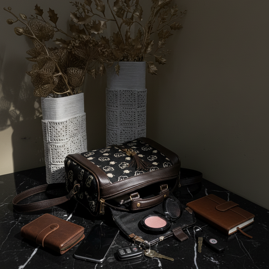 Brown leather bag with accessories on a dark surface, with two vases in the background.