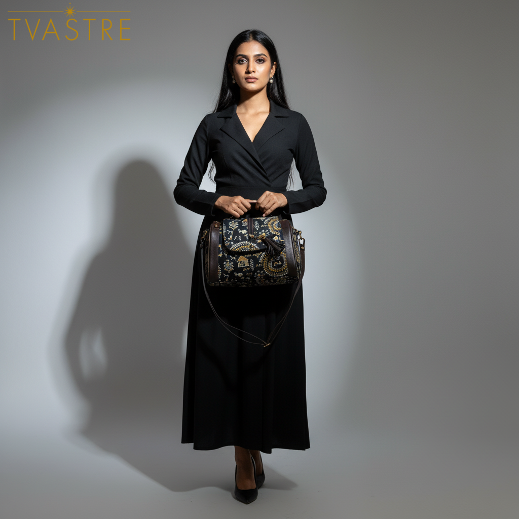 Woman holding a patterned handbag against a gray background with 'TVASTRE' branding.
