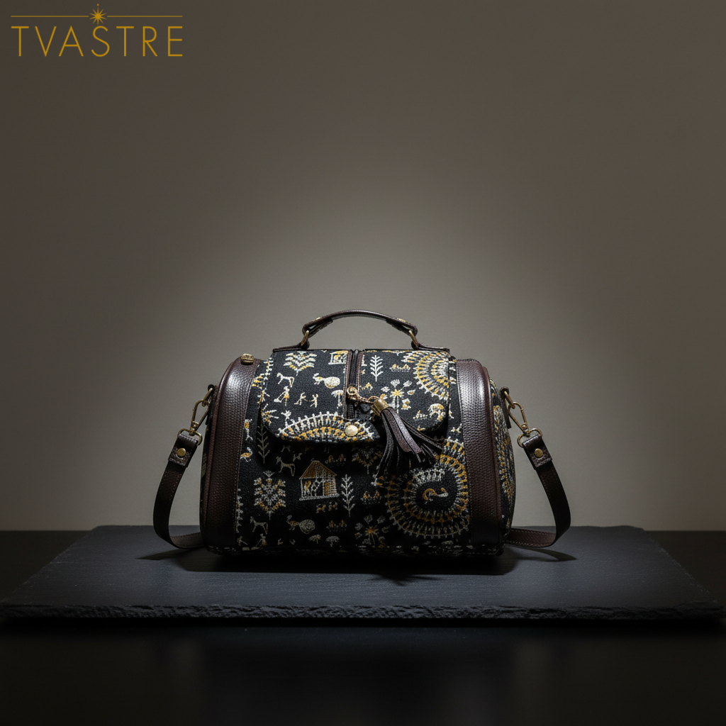 Designer handbag with intricate patterns on a dark surface, branded 'TVASTRE'.