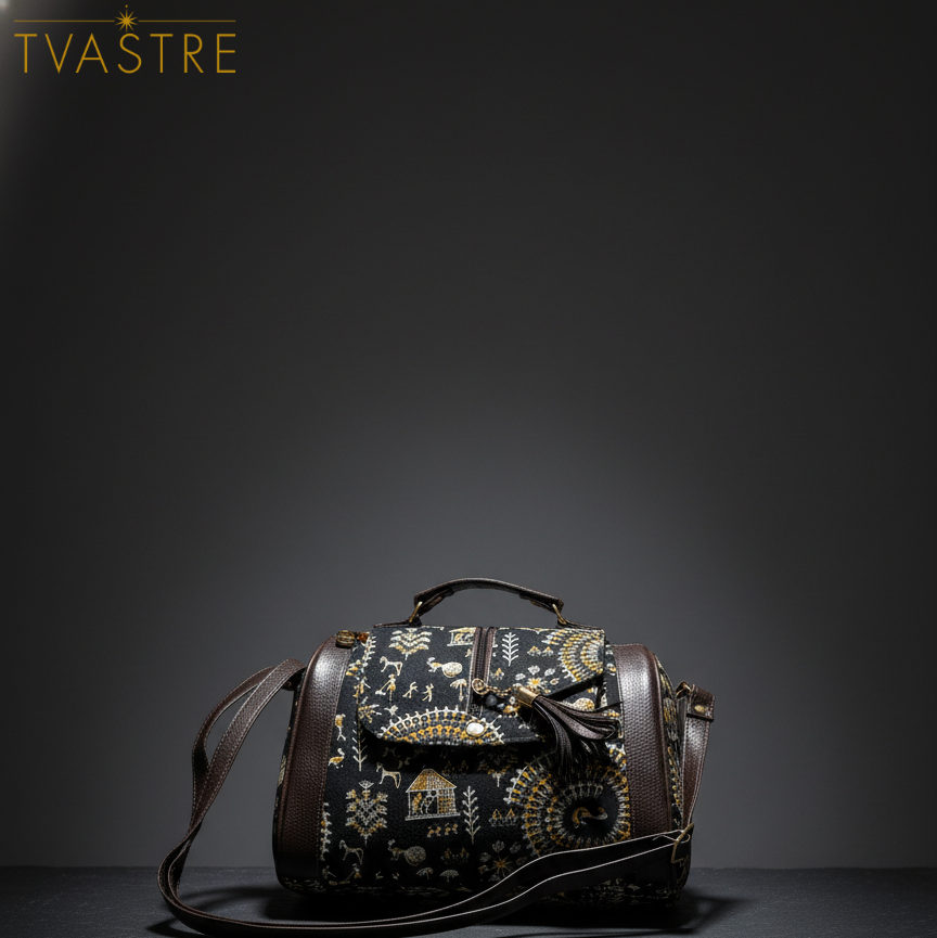 Embroidered handbag on a dark background with 'Tvastre' branding.