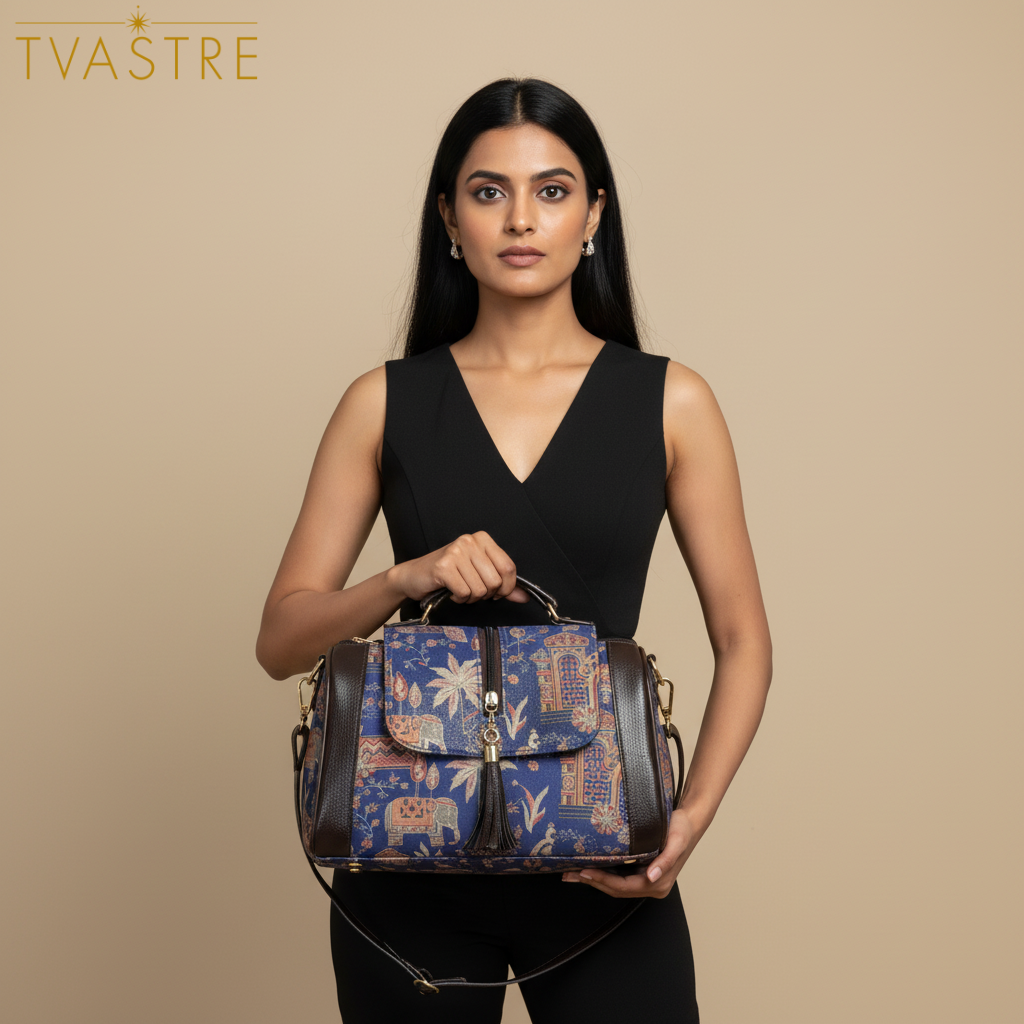 Woman holding a patterned handbag with 'TVASTRE' branding on a beige background