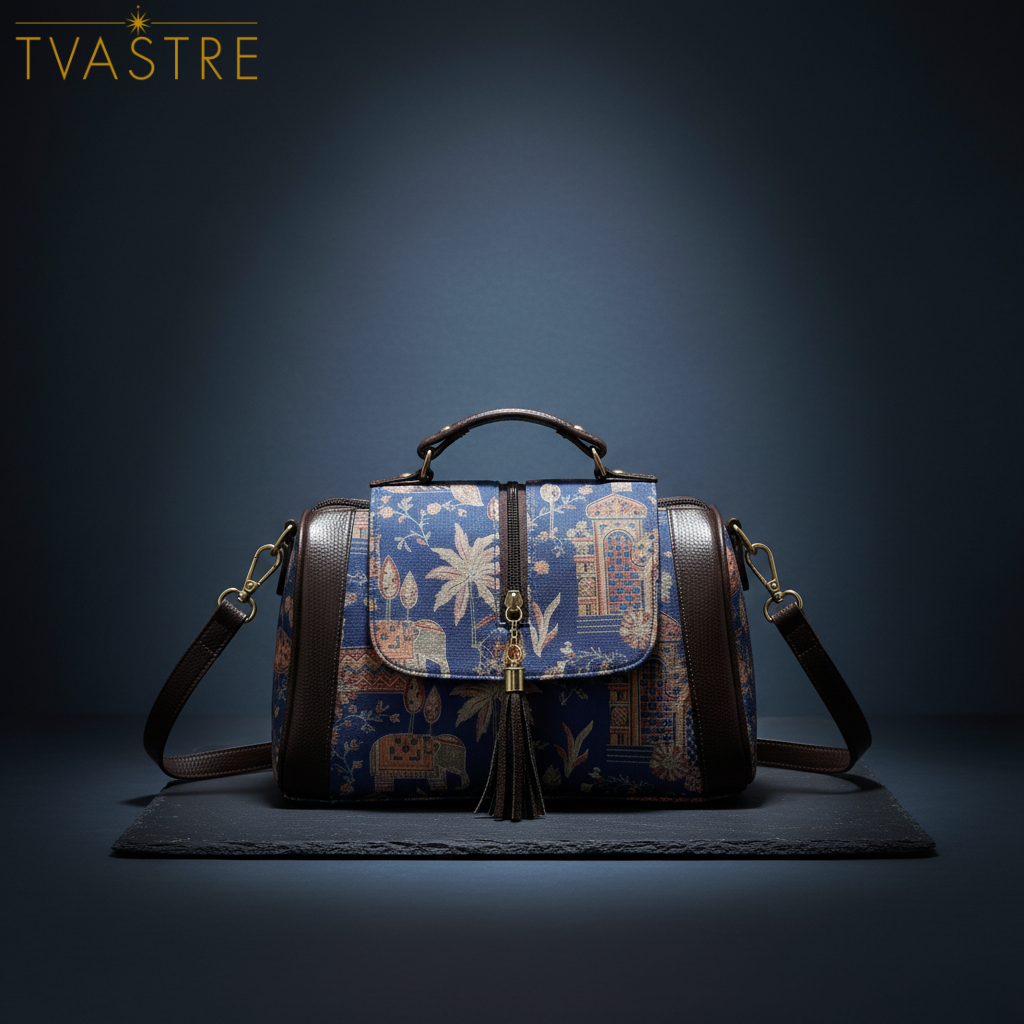 Designer handbag with intricate pattern on a dark background, featuring the brand 'TVASTRE'.