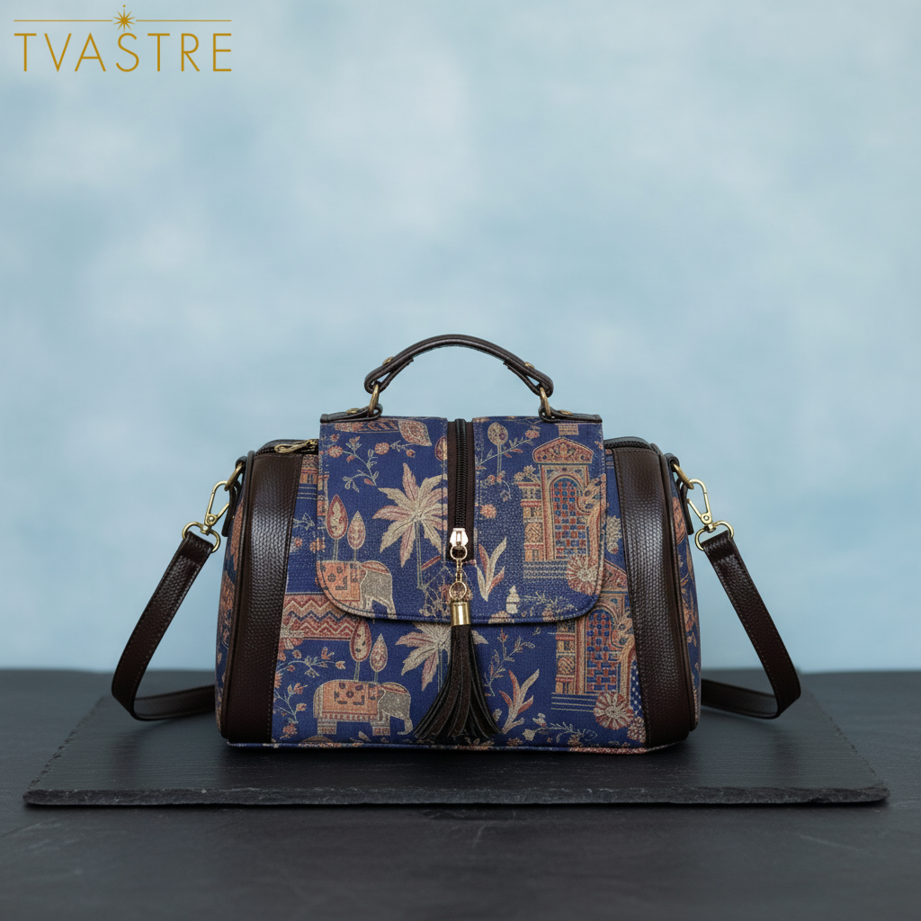 Blue patterned handbag with brown accents on a black surface against a light blue background, featuring the brand 'TVASTRE'.