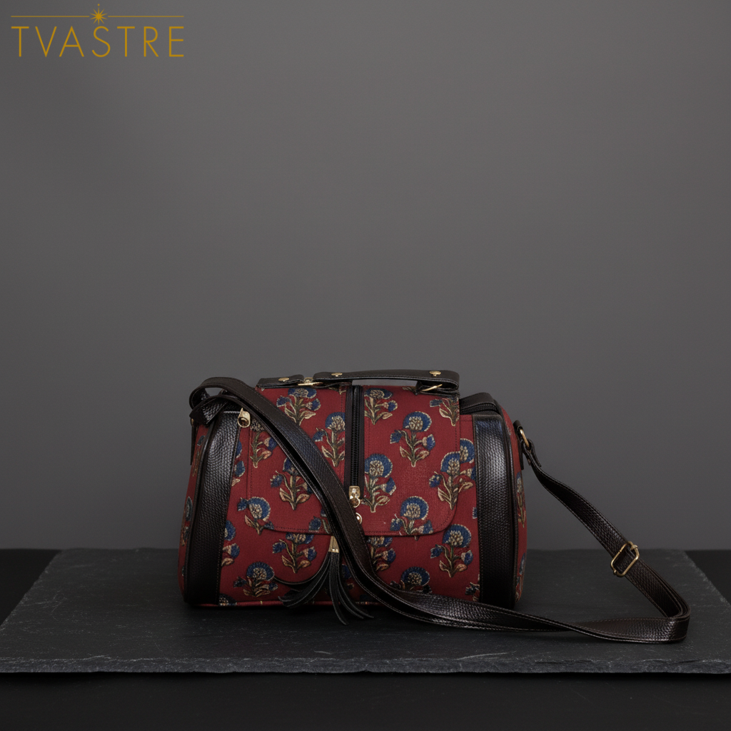 Red floral patterned handbag with black strap on a dark surface against a gray background, branded 'TVASTRE'.