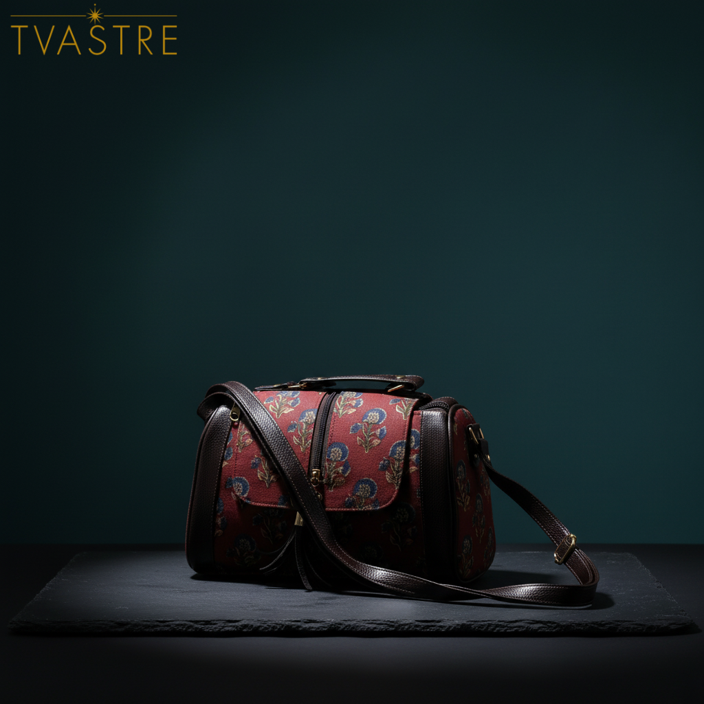 Floral patterned handbag with dark background, featuring the brand 'TVASTRE'.