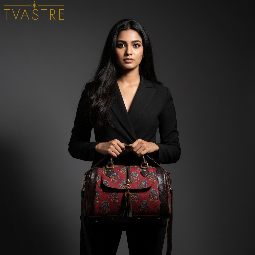 Woman holding a patterned handbag against a dark background with 'TVASTRE' branding.