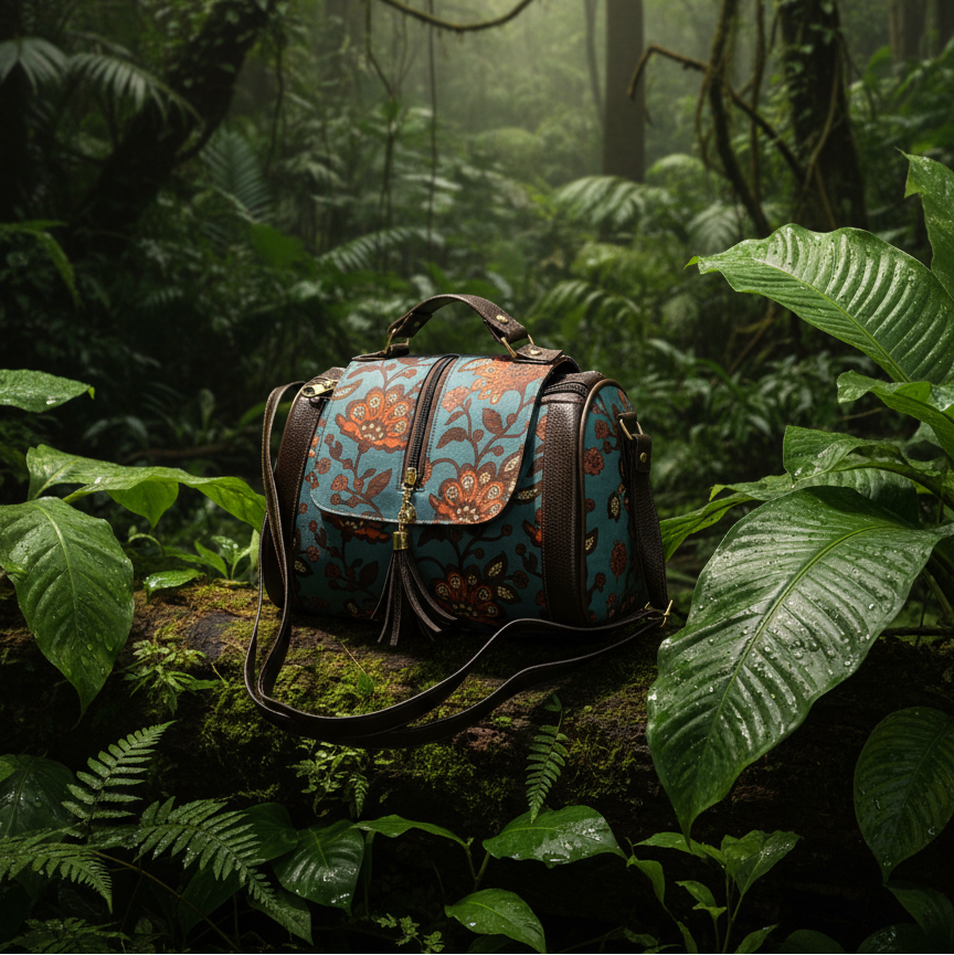 Floral-patterned bag in a lush green forest