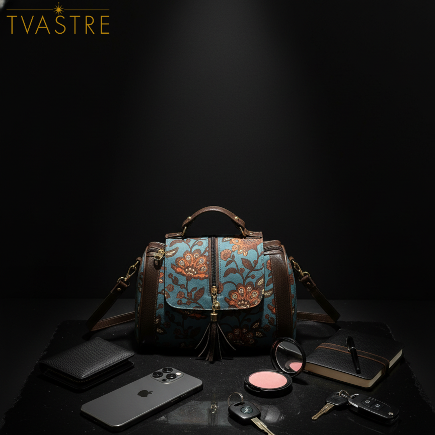 Handbag with floral design on a dark surface with various items around, featuring the brand 'Tvastre'.