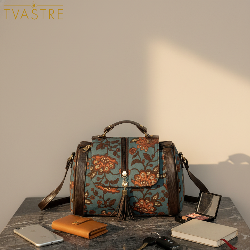 Floral patterned handbag on a marble surface with minimal accessories, branded 'Tvastre'.