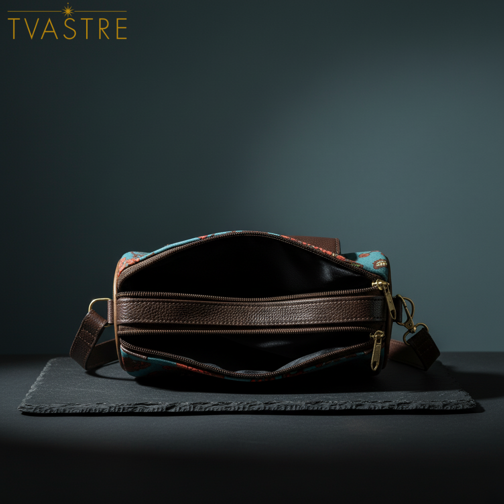 Brown leather bag with colorful lining on a dark surface and background, featuring the brand 'TVASTRE'.